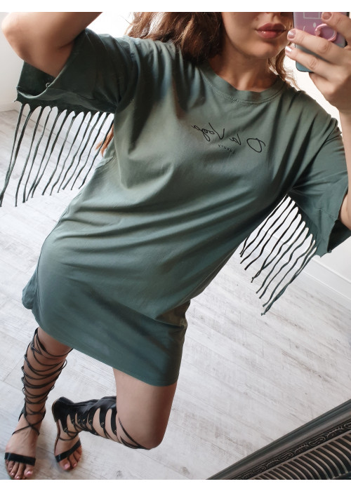Tričkové šaty so strapcami OLV olivove
